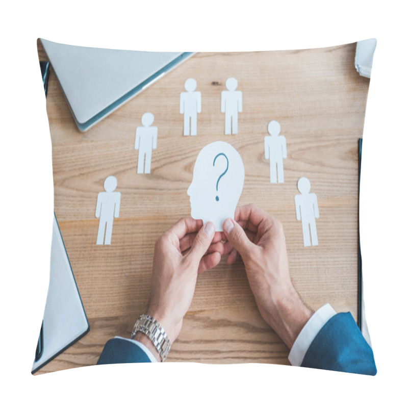 Personality  Cropped View Of Recruiter Holding Paper Human Shape With Question Mark On Table  Pillow Covers