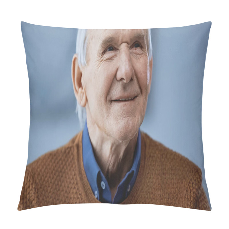 Personality  Portrait Of Positive Elderly Man Looking Away On Grey Background  Pillow Covers