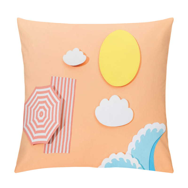 Personality  Top View Of Paper Cut Summer Beach With Umbrella And Blanket On Orange Background Pillow Covers