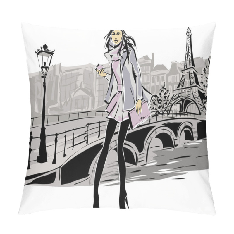 Personality  Fashion Models In Sketch Style Fall Winter With Paris City Background Pillow Covers