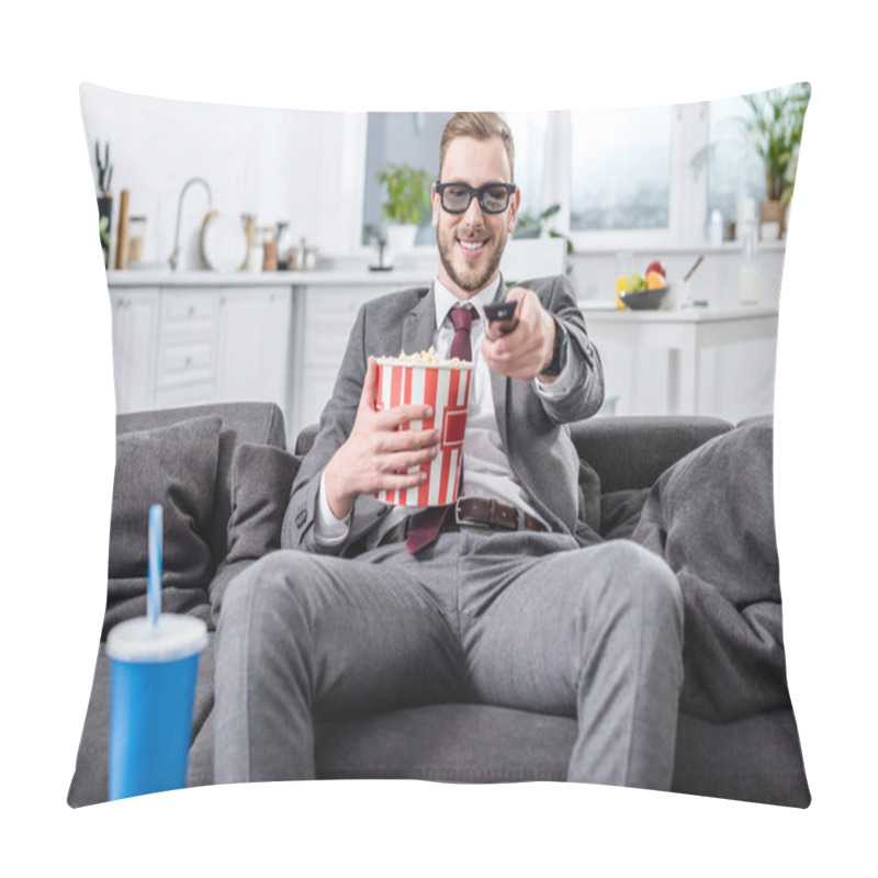 Personality  Handsome Businessman On Couch In 3d Glasses With Remote Control Watching Movie And Eating Popcorn Pillow Covers