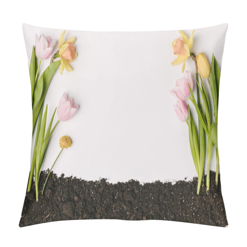 Personality  Top View Of Beautiful Tulips, Chrysanthemum And Narcissus Flowers In Ground Isolated On White Pillow Covers