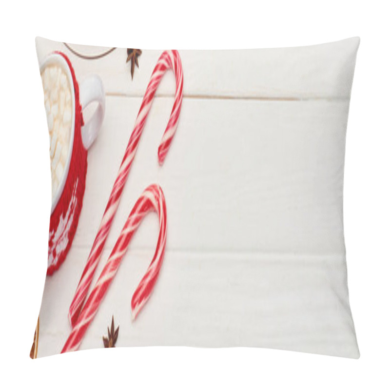 Personality  Top View Of Christmas Candy Canes And Cup Of Cocoa With Marshmallows On White Wooden Table  Pillow Covers