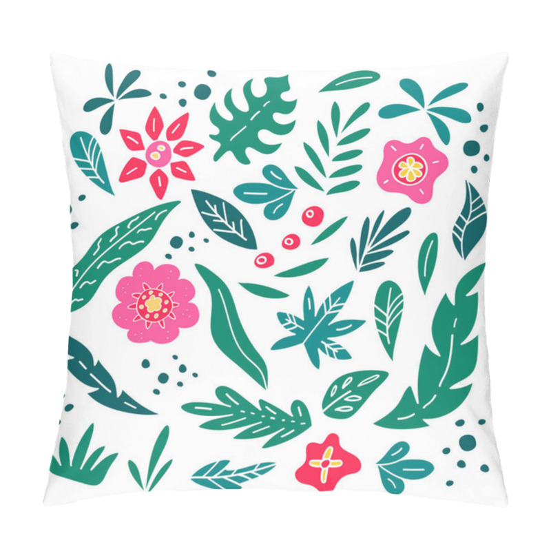 Personality  Set Of Flowers And Leaves Of Exotic Plants On White Background. Doodle And Freehand Drawing In The Modern Style. Scandinavian Style Clipart. Vector Illustration. Pillow Covers