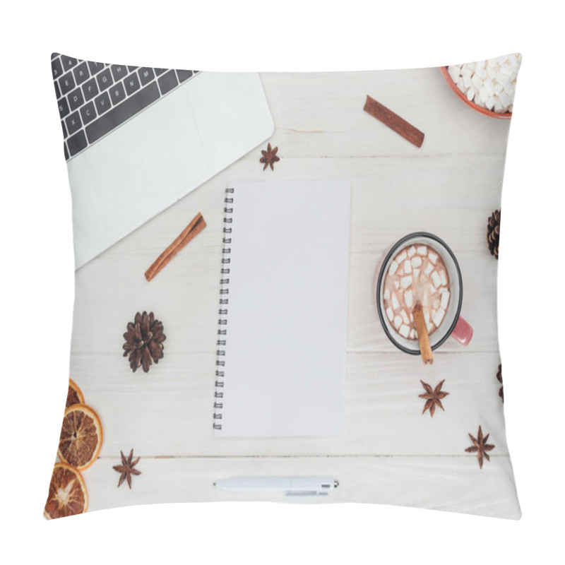 Personality  Top View Of Blank Notebook, Laptop And Hot Chocolate With Marshmallows And Cinnamon Sticks Pillow Covers