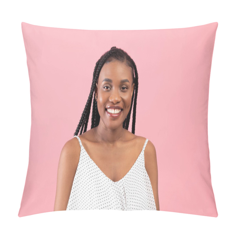 Personality  Portrait Of Happy Black Lady With Afro Bunches Posing In Summer Dress, Looking At Camera On Pink Studio Background Pillow Covers