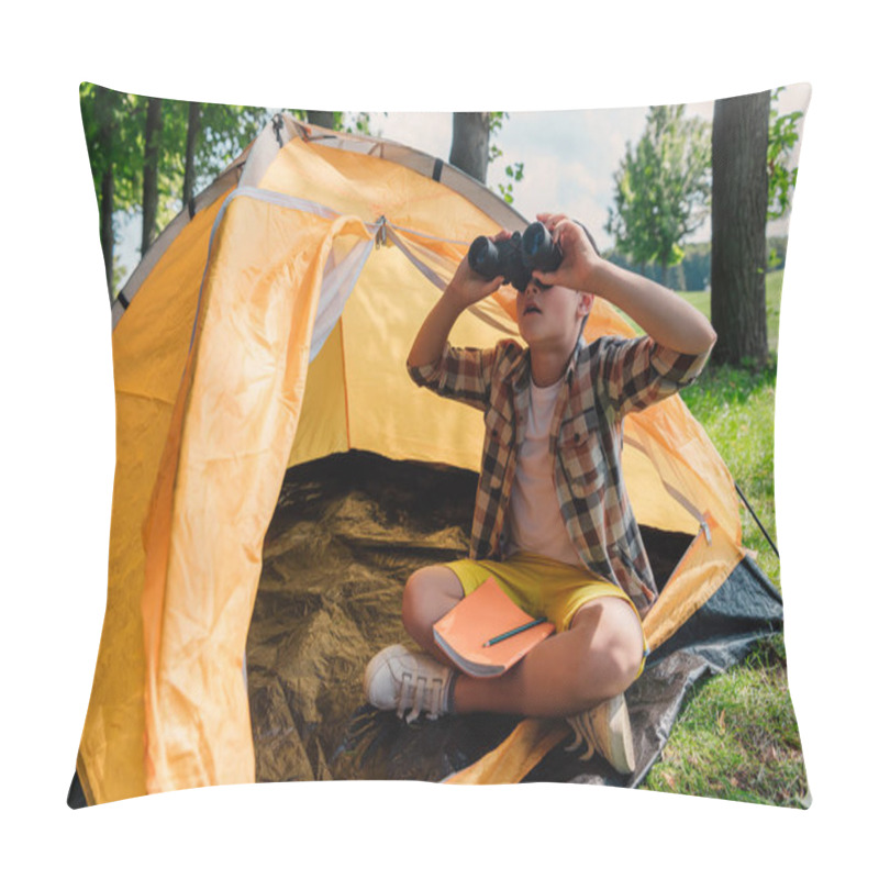 Personality  Surprised Kid Looking Through Binoculars In Camp  Pillow Covers