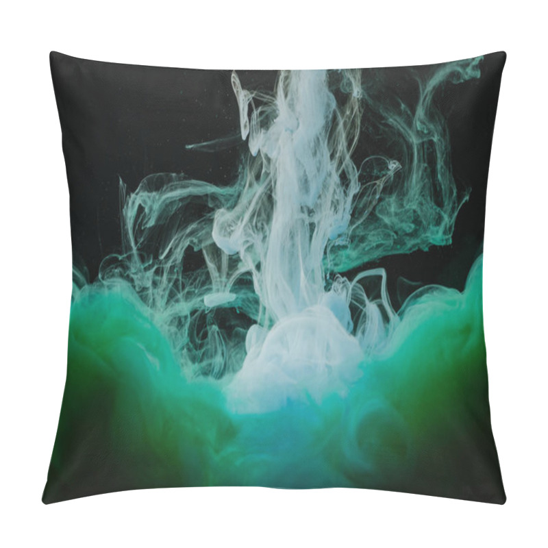 Personality  Close-up View Of Abstract White, Green And Blue Ink On Black Background Pillow Covers