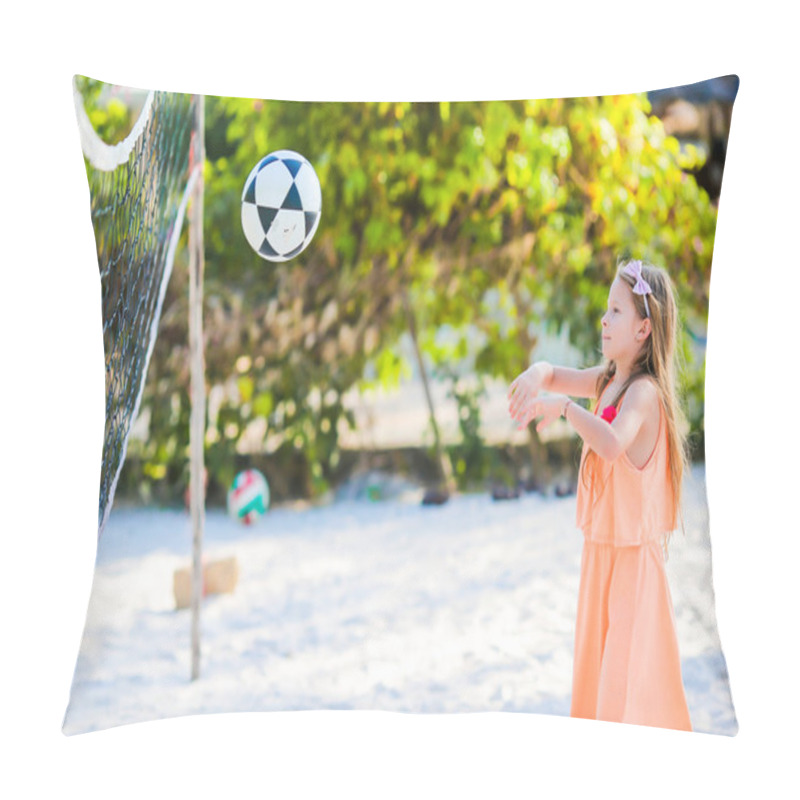 Personality  Little Active Girl Playing Voleyball On Beach With Ball. Sporty Flid Enjoying Beach Game Outdoors Pillow Covers