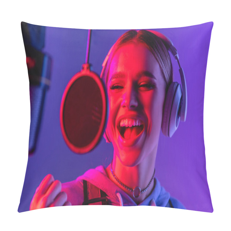 Personality  Young Singer In Wireless Headphones Recording Song While Singing In Microphone On Blurred Foreground  Pillow Covers