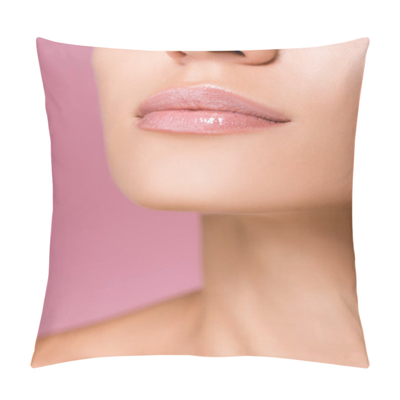 Personality  Cropped View Of Beautiful Woman With Shiny Lips Isolated On Pink Pillow Covers