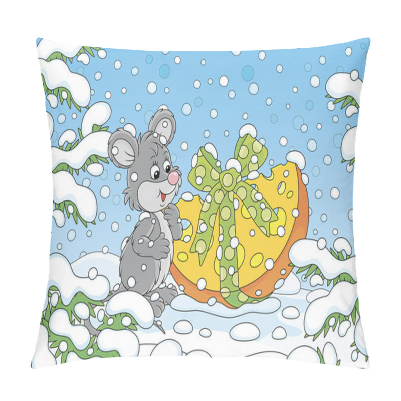 Personality  Little Grey Mouse With A Christmas Gift Cheese Under Snow-covered Branches Of Green Firs In A Winter Forest On A Snowy Beautiful Day, Vector Cartoon Illustration Pillow Covers