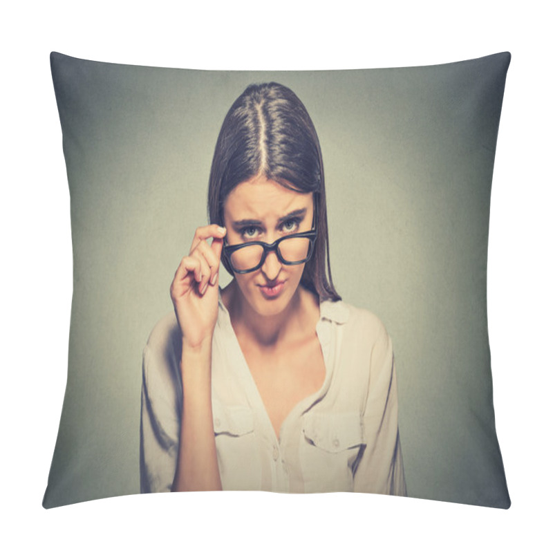 Personality  Headshot Angry Woman With Glasses Skeptically Looking At You Pillow Covers