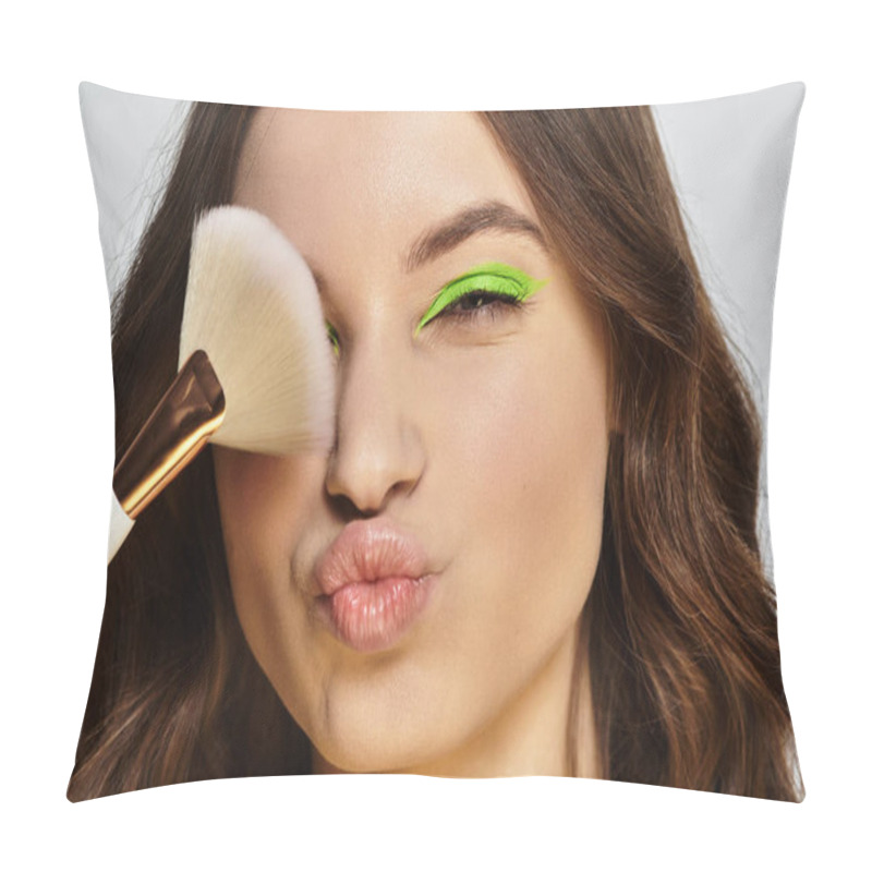 Personality  Young Woman Playfully Showcasing Her Vibrant Green Eyeshadow Under Studio Lights. Pillow Covers