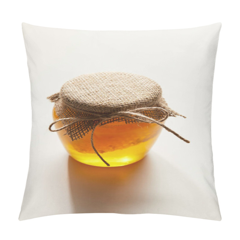 Personality  Close Up View Of Honey And Beeswax In Glass Jar On White Surface Pillow Covers