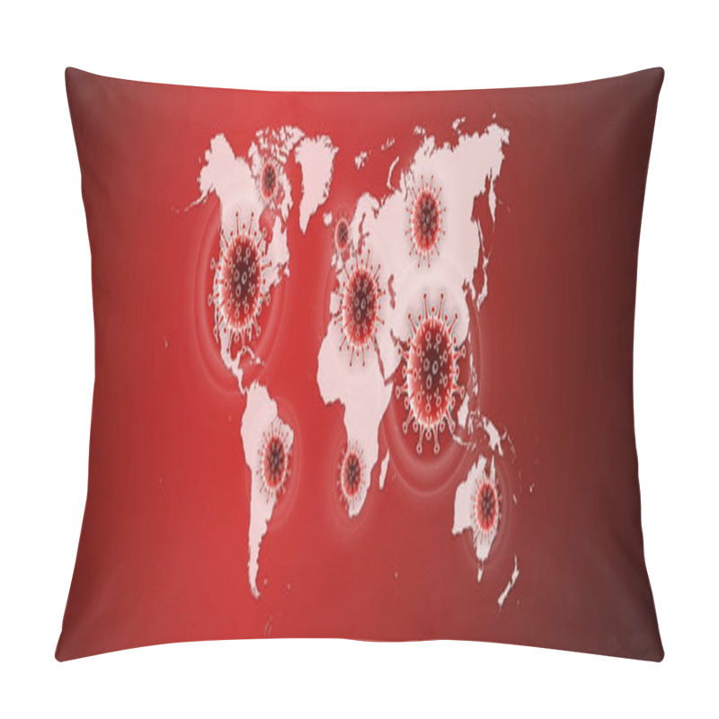 Personality  Corona Virus Covid 19 Protection Concept, Covid Symbols Icons On The World Map In The Red Background, Copy Space And Web Banner Template  Pillow Covers