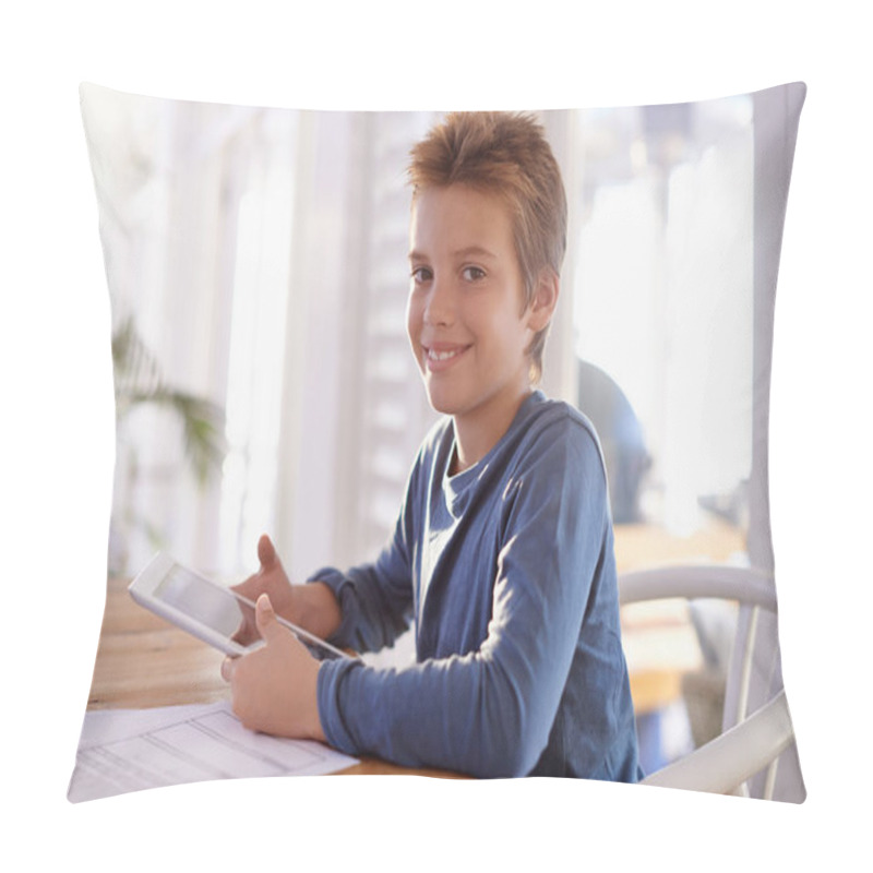 Personality  I Can Play Games On This As Soon As My Homework Is Done. Portrait Of A Young Boy Using A Digital Tablet To Do His Homework Pillow Covers