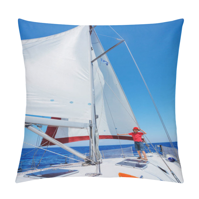 Personality  Little Boy On Board Of Sailing Yacht On Summer Cruise. Travel Adventure, Yachting With Child On Family Vacation. Pillow Covers