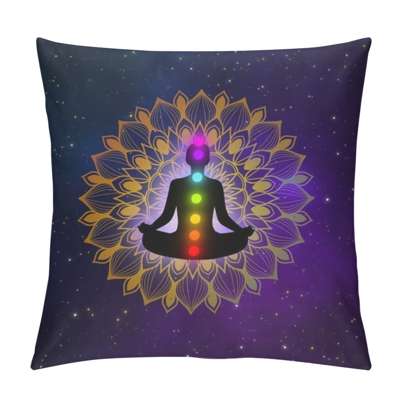 Personality  Abstract Meditation Man With Seven Chakras And Mandala In The Galaxy Illustration Design Background. Pillow Covers