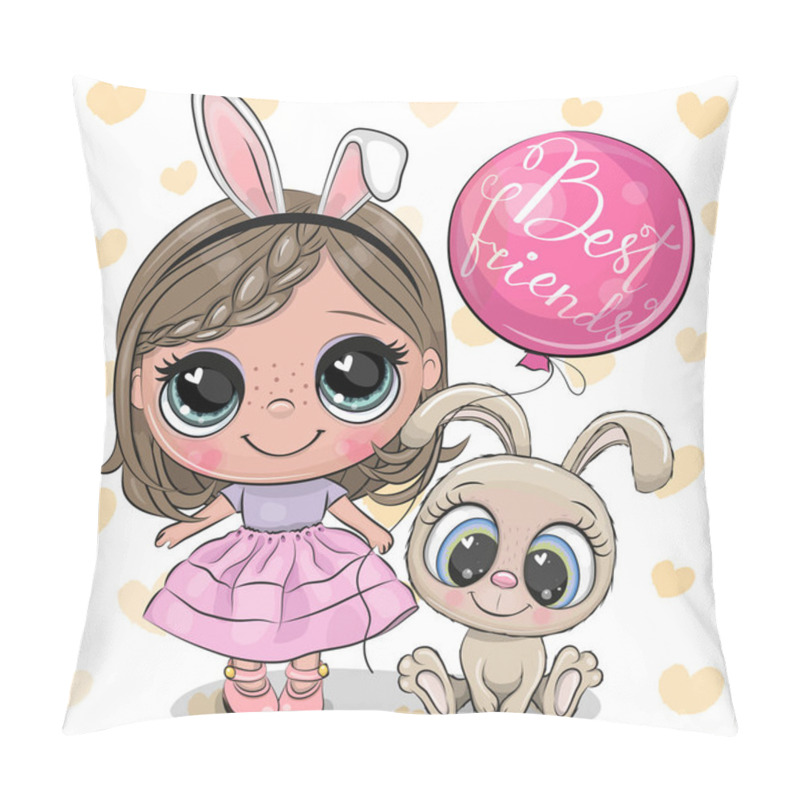 Personality  Cute Cartoon Girl With Rabbit In A Pink Dress With A Balloon Pillow Covers