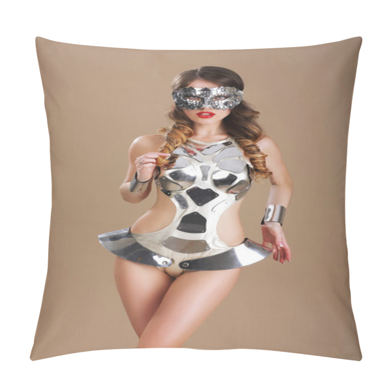 Personality  Fancy Dress Party. Woman In Futuristic Glasses And Creative Metallic Costume Pillow Covers