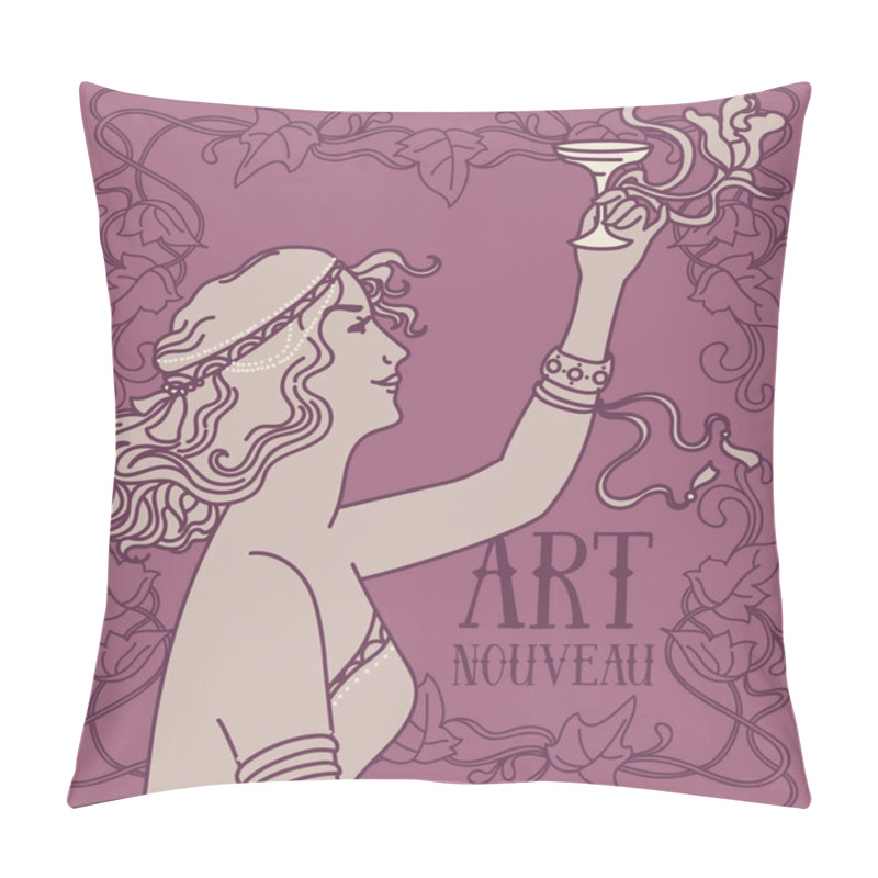 Personality  Beautiful Poster In Art Nouveau Style With Retro Woman Drinking Champagne And Floral Frame Pillow Covers