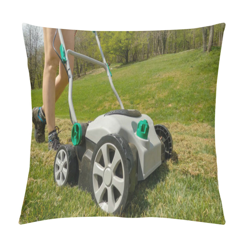 Personality  CLOSE UP: Female Gardener Using Lawn Aerator To Grow Healthier And Thicker Lawn. Spring Backyard Garden Work For Lawn Growth Enhancement. Practical Gardening Machinery For Efficiency At Landscaping. Pillow Covers