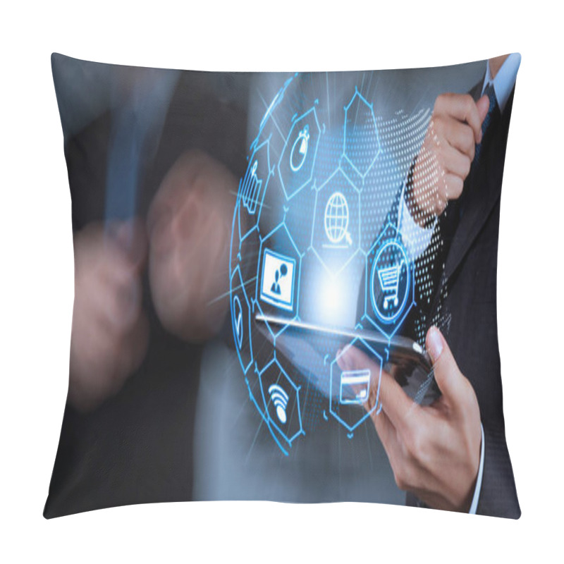 Personality  E-commerce Concept With VR Digital Interface With Icons Of Shopping Cart And Delivery Truck And Credit Card With Symbol Of Online Purchase On Internet.businessman Success Working Computer Touch Screen With His Team  Pillow Covers