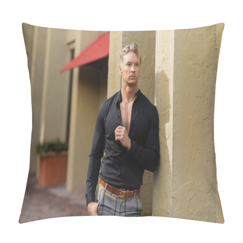 Personality  A Handsome Blonde Man In A Black Button-down Shirt And Plaid Pants Poses Against A Wall In Orlando, Florida. Pillow Covers