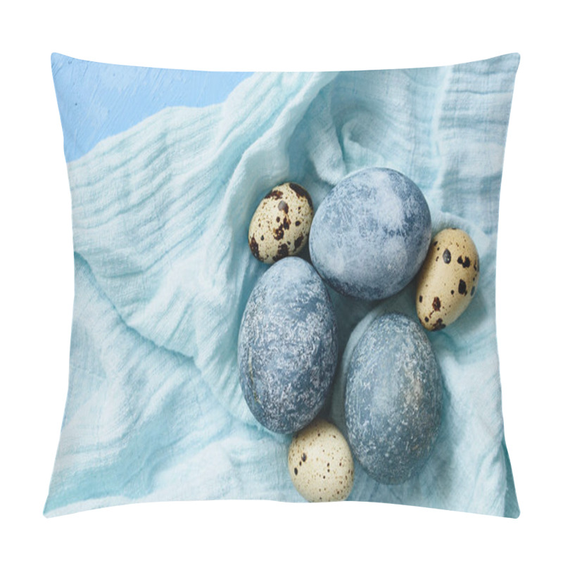 Personality  Blue Easter Eggs On Blue Background. Naturally Eggs Painted With Hibiscus With Marble Stone Effect. Eco Paint. Happy Easter Card. Pillow Covers