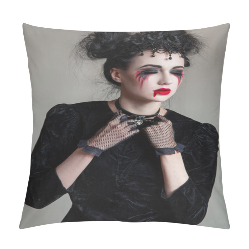 Personality  Young Beautiful Gothic Woman With White Skin And Red Lips. Halloween Makeup. Pillow Covers