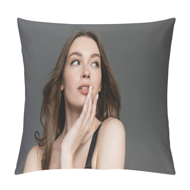 Personality  Portrait Of Seductive Young Brunette Woman With Natural Makeup And Modern Hairstyle Touching Lips And Looking Away While Posing Isolated On Grey, Glamorous    Pillow Covers