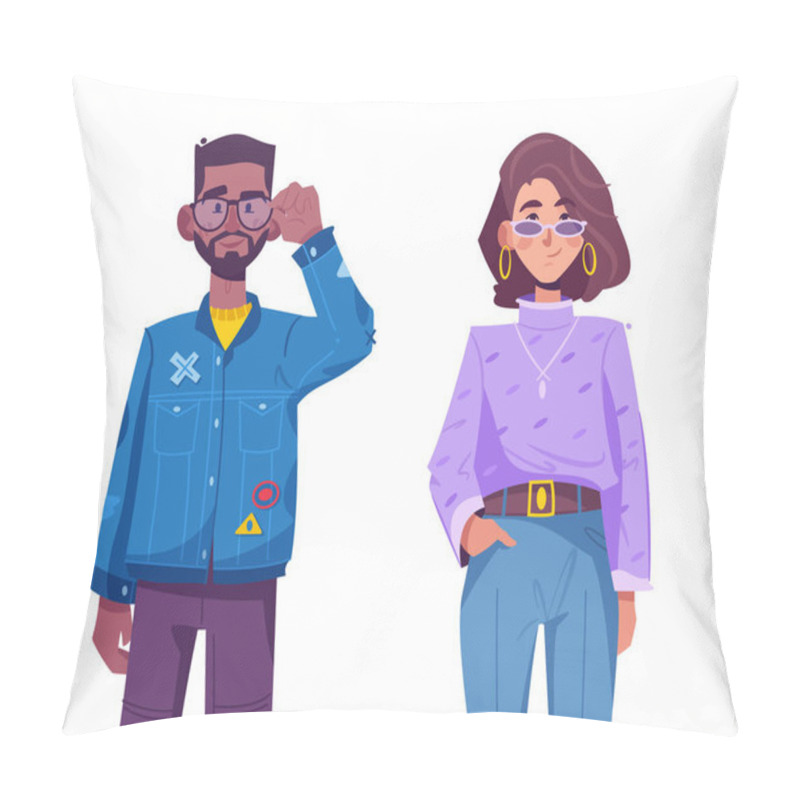 Personality  Young Hipster Man And Woman Wearing Trendy Outfits Standing Together Pillow Covers