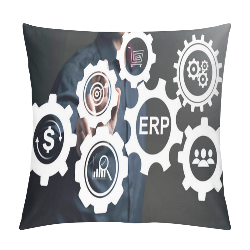 Personality  ERP And Gear Icons. Enterprise Resource Planning Concept. Man Tapping On The Screen Pillow Covers