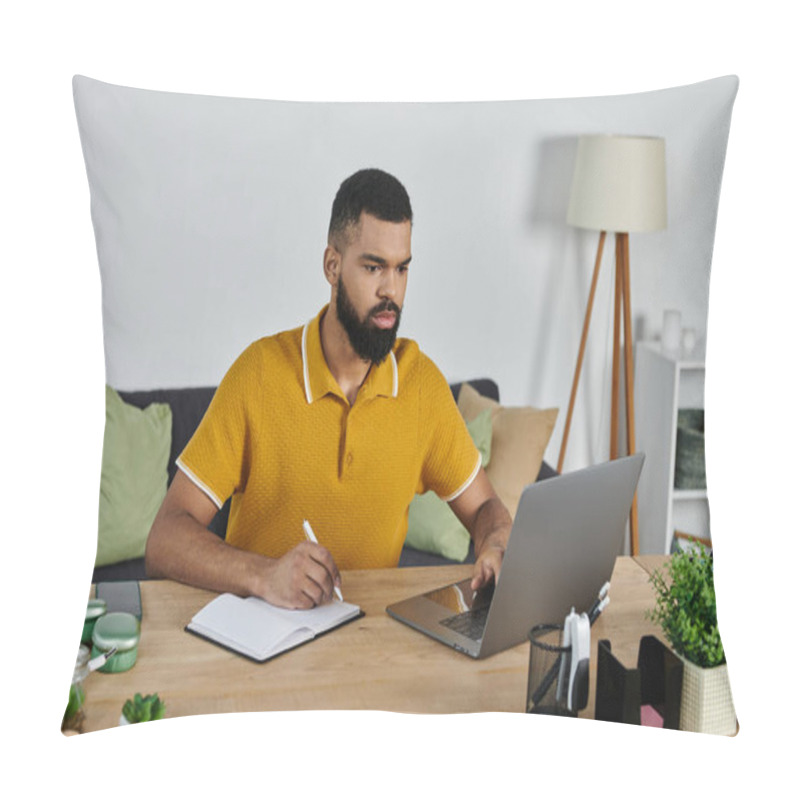 Personality  Focused Individual Writes Notes While Working On A Laptop At Home. Pillow Covers