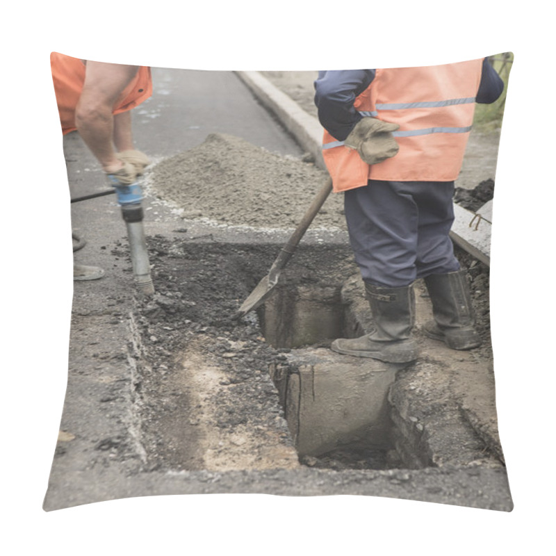 Personality  Road Paving. Workers laying stone mastic asphalt during street r pillow covers