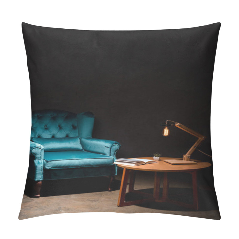 Personality  Elegant Velour Blue Armchair With Pillow Near Wooden Table And Lamp Isolated On Black Pillow Covers