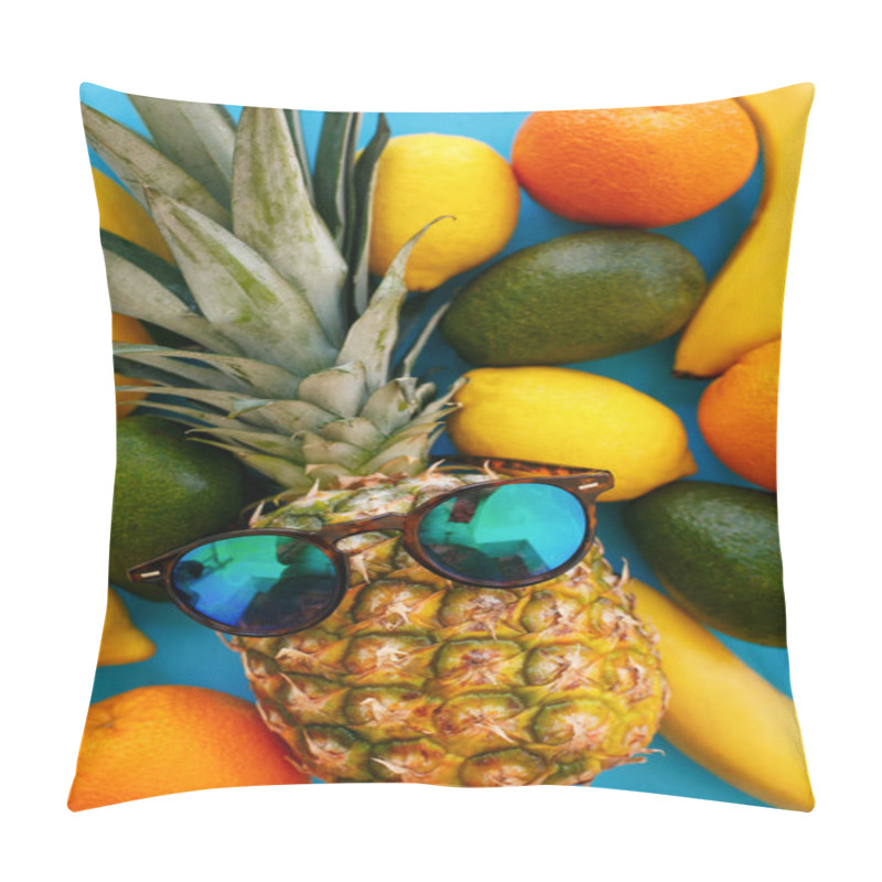 Personality  Pineapple In Stylish Sunglasses, And Bananas, Oranges, Avocado And Lemons On Bright Blue Paper, Trendy Flat Lay. Space For Text. Colorful Fruits Modern Image, Top View. Juicy Summer Pattern Pillow Covers