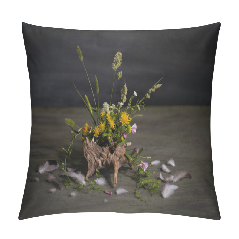 Personality  Composition, Ikebana, Still Life Of Summer Wildflowers, Tree Roots, Snail Shell, Bird Feathers, Field Grass Spikes. Pillow Covers