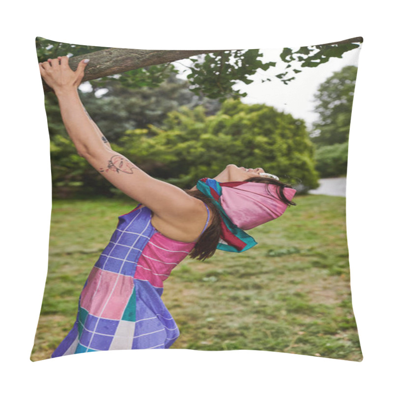 Personality  A Beautiful Young Woman In A Vibrant Dress And Sunglasses Reaches Up To A Tree Branch, Connecting With Nature In The Summer Breeze. Pillow Covers