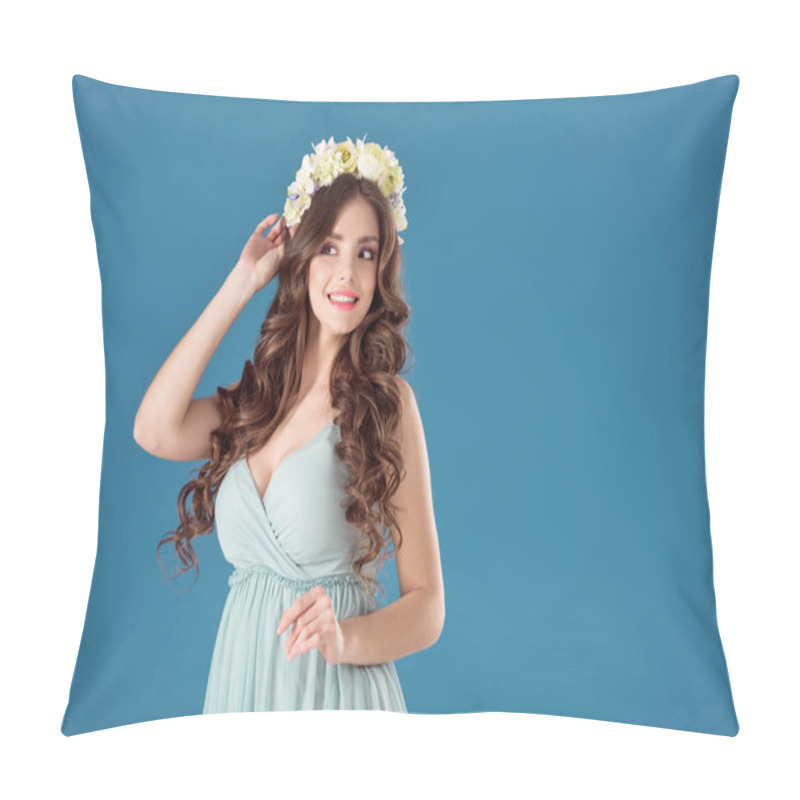 Personality  Smiling Beautiful Girl With Flowers Wreath On Head Isolated On Blue Pillow Covers