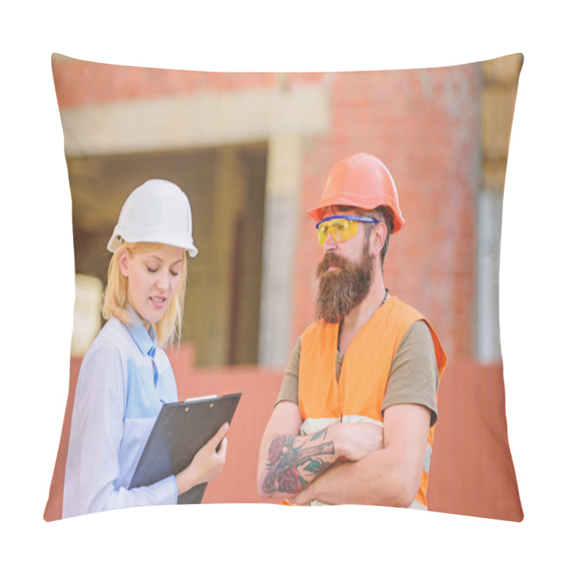 Personality  Construction Project Inspecting. Construction Site Safety Inspection. Discuss Progress Project. Safety Inspector Concept. Woman Inspector And Bearded Brutal Builder Discuss Construction Progress Pillow Covers