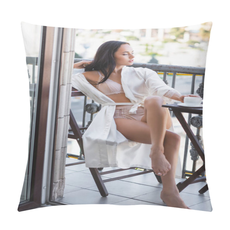 Personality  Beautiful Brunette Woman In White Robe Drinking Coffee On Balcony Pillow Covers