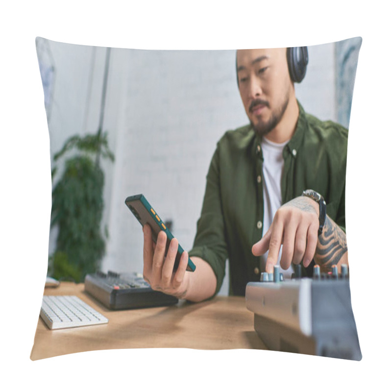 Personality  A Young Asian Man Mixes Music In His Studio, Wearing Casual Clothes, With A Focused Expression. Pillow Covers