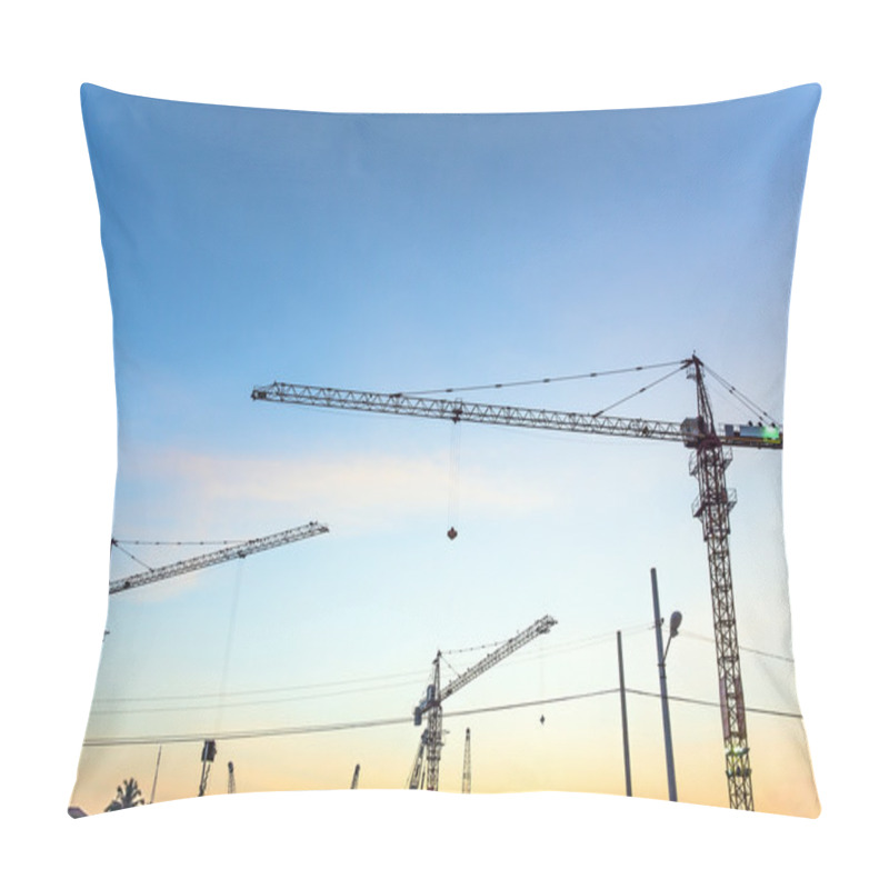 Personality  Tower Cranes Sillouetted Against A Sunset Sky Pillow Covers