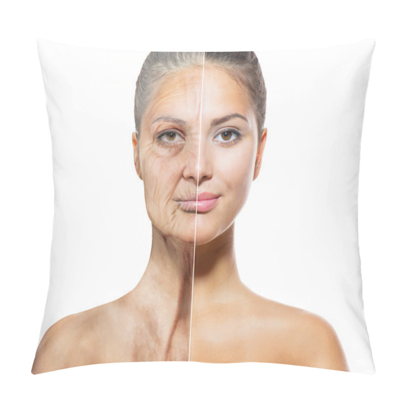 Personality  Aging And Skincare Concept. Faces Of Young And Old Women Pillow Covers