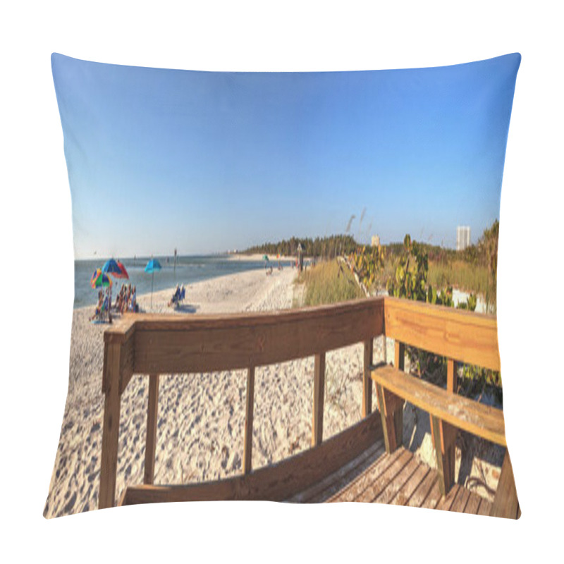 Personality  Wood Bench On The White Sand Beach Of Delnor-Wiggins Pass State Park With A Blue Sky Above In Naples, Florida. Pillow Covers