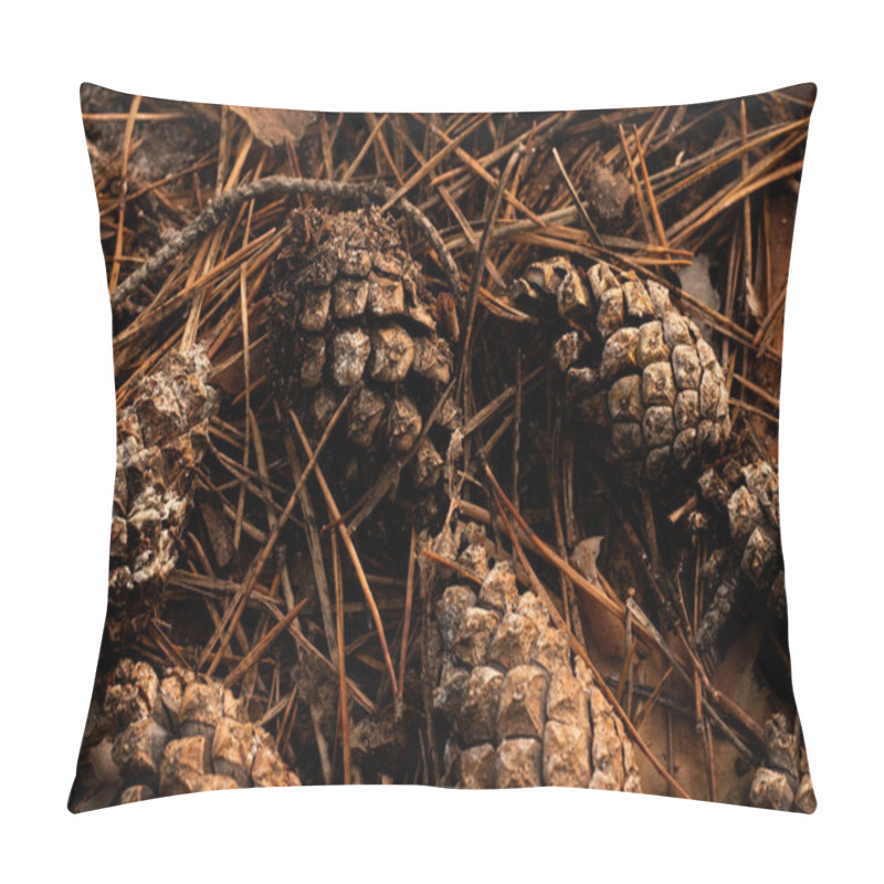 Personality  Pine Cones Scattered On A Forest Floor Covered With Fallen Pine Needles. A Natural Woodland Scene With Earthy Tones, Organic Textures, And A Tranquil Atmosphere, Capturing The Beauty Of Nature's Details. Pillow Covers