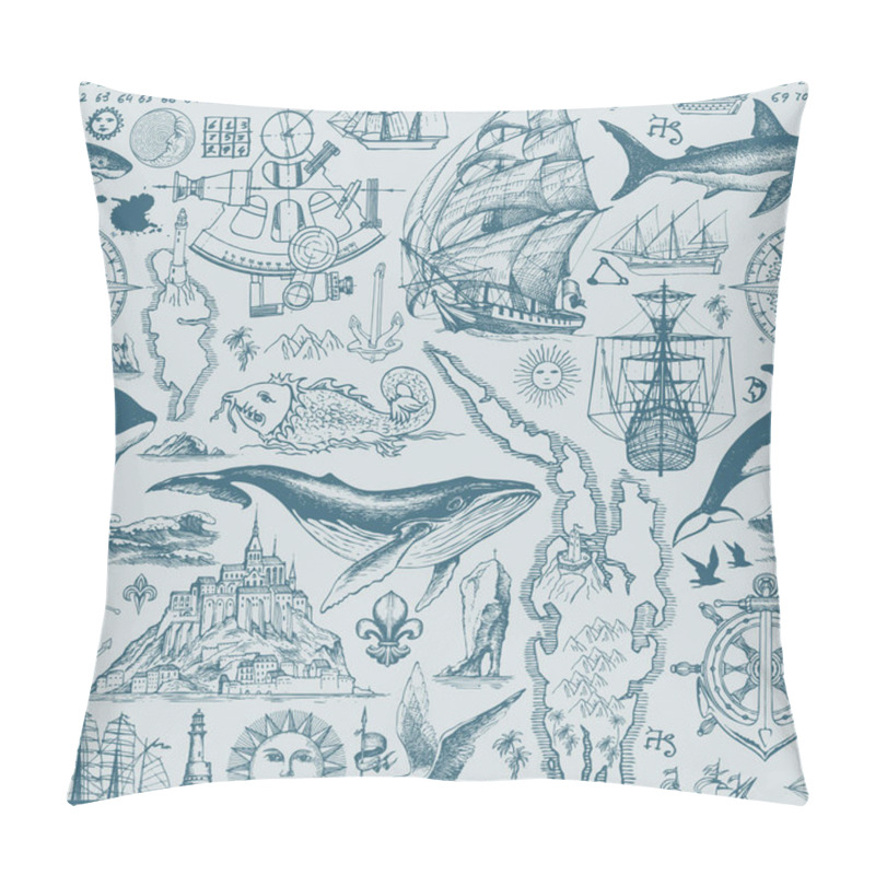 Personality  Vintage Seamless Pattern On The Theme Of Sea Travel, Adventure And Discovery. Vector Repeating Background With Hand-drawn Sketches Of Sailboats, Islands, Old Maps, Wind Rose, Anchors, Fishes Pillow Covers