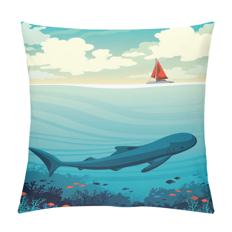 Personality  Whale, Coral Reef, Sea, Sailboat, Sky And Clouds. Nature. Pillow Covers